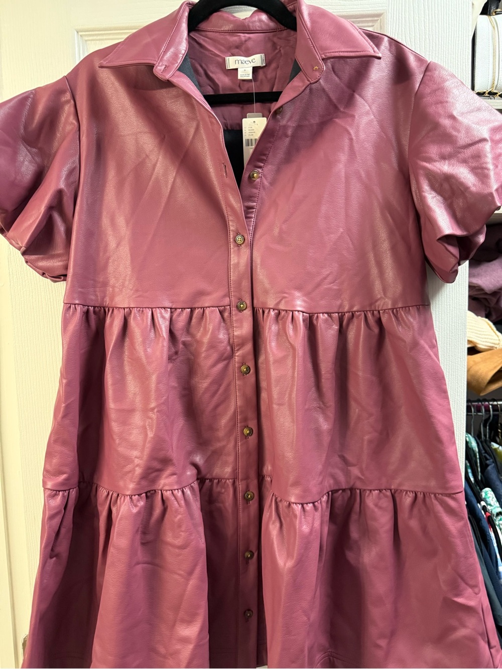 Maeve Mauve Faux Leather Tiered Button-Front Dress